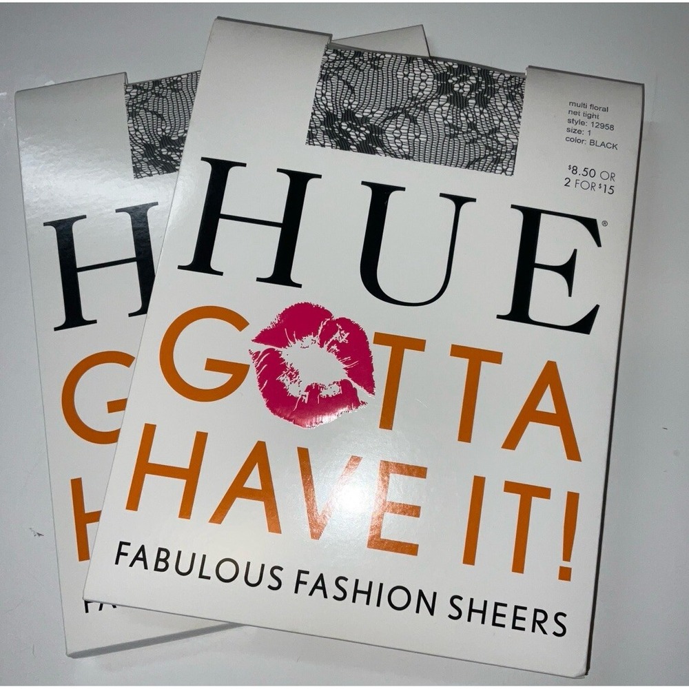 NIP 2‎ Pairs HUE Gotta Have It! Control Top Tights Floral Net Black Size 1